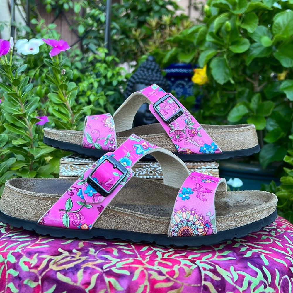 Birkenstock “Birki’s” Pink Floral Double Strap Boho Slides 38